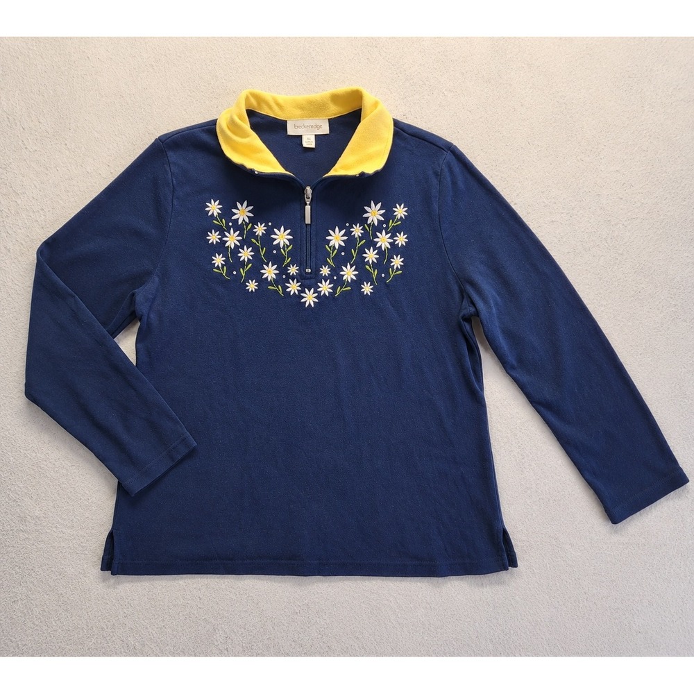 Breckenridge Womens Navy Blue Daisy Floral Embroidered Quarter Zip Pullover XL